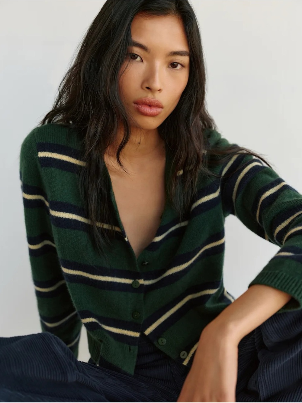 NWT Reformation Clara Cashmere Crew Cardigan Green Stripe Small - Picture 13 of 16